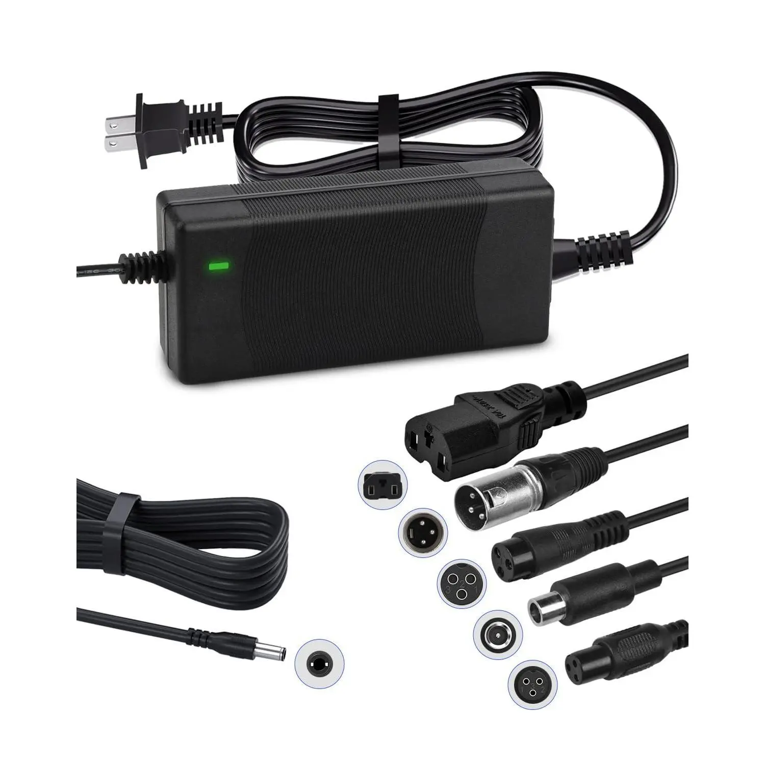 E-Bike & Scooter Charger 42V 2A, Universal Fast Charger for 36V Lithium Batteries with 6 Plugs, CC-CV Mode, Made of Fireproof ABS, 42V 2A Output, Multiple Plugs
