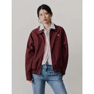 URBAN REVIVO Women's 2026 Spring Solid Red Lapel-Embroidered Zip Bomber Jacket-Coat, Cotton-Polyester Fabric Long-Sleeve Outerwear, Casual Retro Everyday Collared Top (UYY160008)