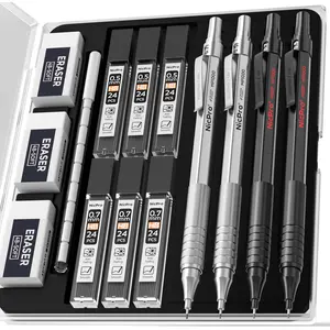 Nicpro Compact Metal Mechanical Drawing Pencil Set - Full-Metal Body Pencils with 8 Tubes of HB & 2B Lead Refills, Erasers, Eraser Refills, Multifunctional Office Stationery for Art Writing, Drafting, Compact Metal Pencils