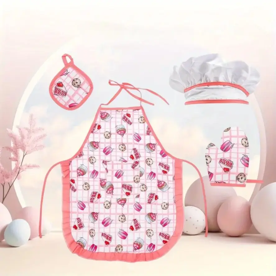 4-Piece Little Chef Apron Set with Hat, Adorable Chef Role Play Costume, Ideal Gift for Kids Who Love Cooking & Baking, Great for Pretend Play & Kitchen Fun