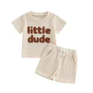 Baby Boy Summer Clothes Toddler Boys Short Sleeve Little Dude Embroidery Letter Shirt Top Solid Color Short Outfit