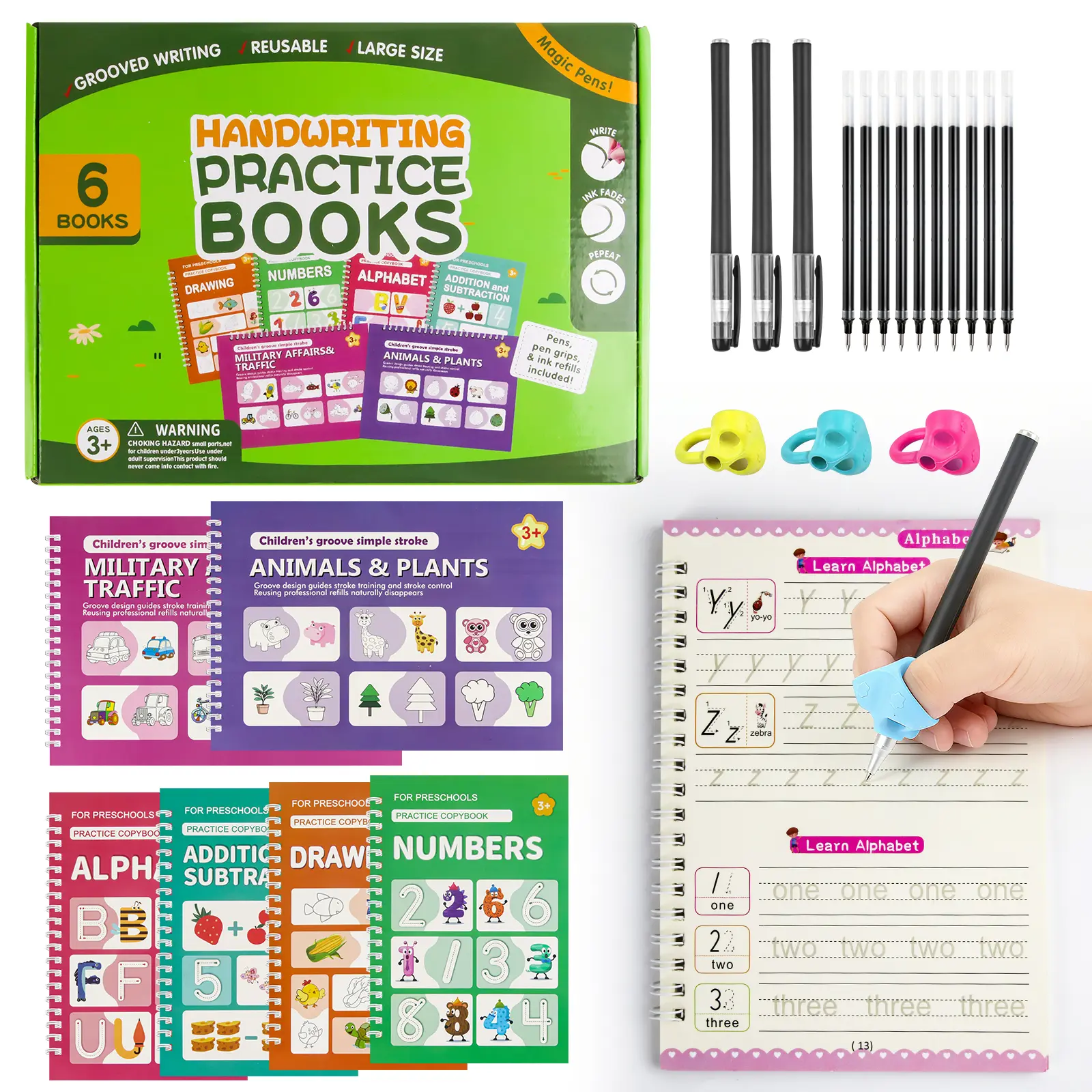 Reusable Grooved Handwriting Workbook for Kids, Learning Materials, 6 Books–Early Elementary, Covers Math, Words, Drawing –Gift for Children Lettering Spiral Notebook school supplies,Back-to-School Gifts