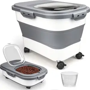 30lb Foldable Pet Food Storage Container Set with Airtight Lid, Wheels, Measuring Cup & Scoop for Dog Cat Food， Portable Folding Bucket for Travel Fishing, Multifunctional Bucket for Home Kitchen Bathroom, Washing Bucket, Household Cleaning Supplies