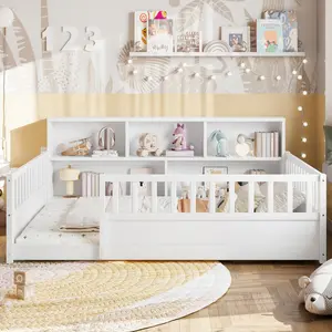 Full Size Floor Bed with Bookcase Sideboard and fence-style guardrail, Wooden Full Size Platform Storage Bed Frame