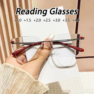 Stylish Women's Metal Rimless Irregular Cut Reading Glasses, +1.0 to +4.0 Magnification, Clear Vision Lenses for Office and Leisure, High Quality Eyewear