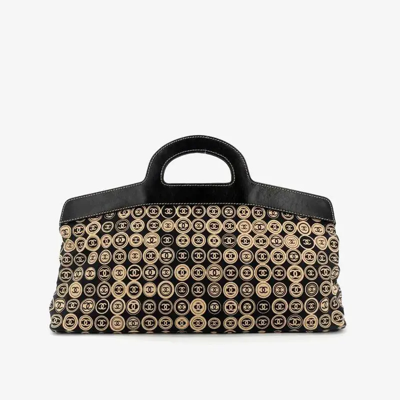 Pre-owned CHANEL Black Gold Full CC Monogram Print Soft Canvas Top Handle Clutch Purse Authentic Bag, Casual Handbags, Daily Use Handbag