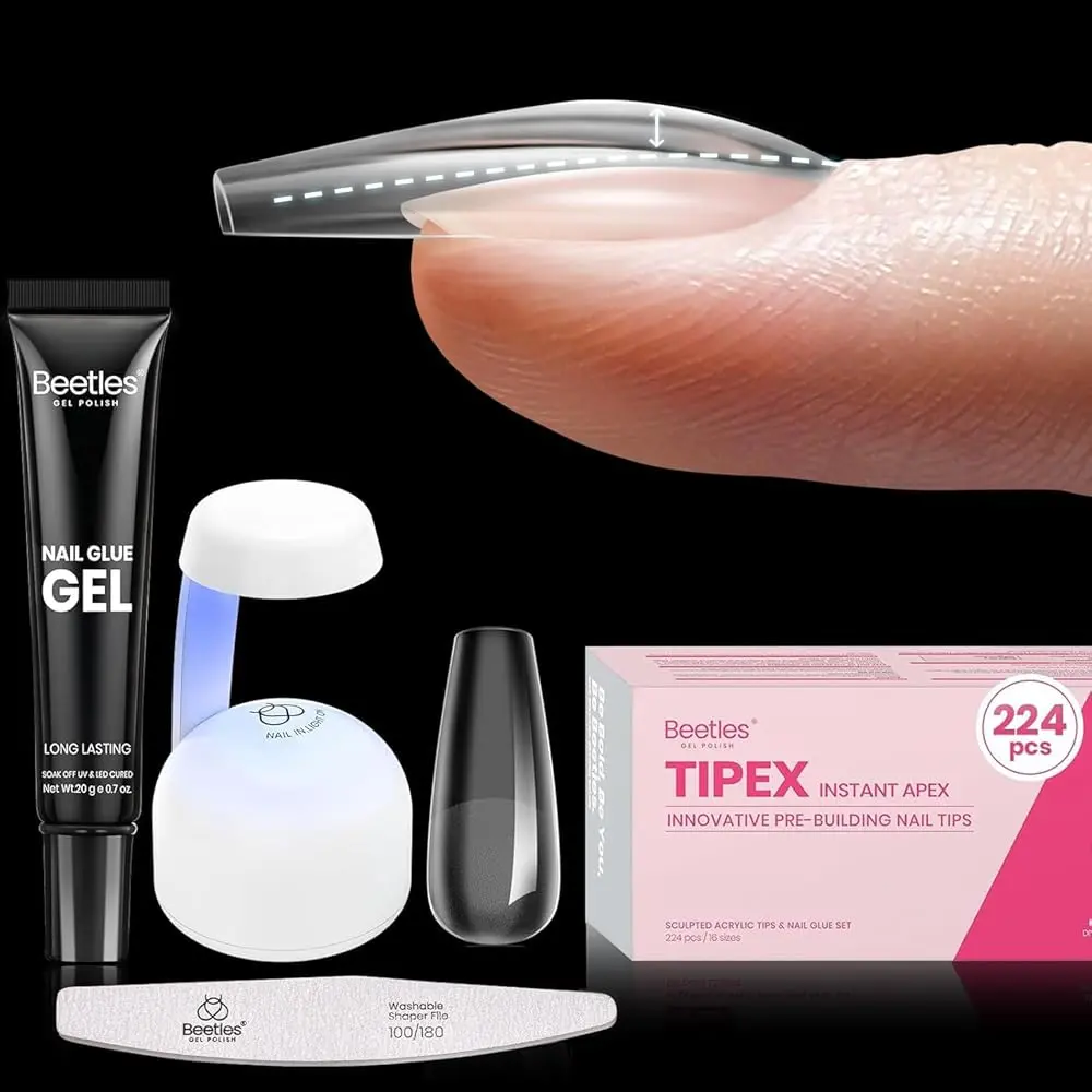 Beetles Tipex Extension Nail Tips Kit , Coffin 224 Pcs Pre-Building Pre-Etched False Nail Tips with Tipex Nail Glue, Mini Nail Lamp-Thick Acrylic Nail Tips Set