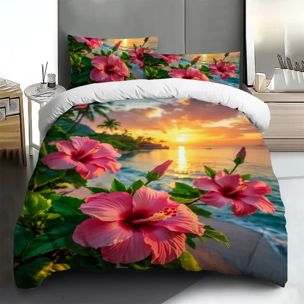 Bedding set - 2PCS/3PCS 2D Flat Printing Beach Sunset Hibiscus Patterned duvet cover set (1 duvet cover + 1/2 pillowcases, no filling), multi-color printed Decorative bedding set, soft and comfortable, suitable for family bedrooms and guest rooms.