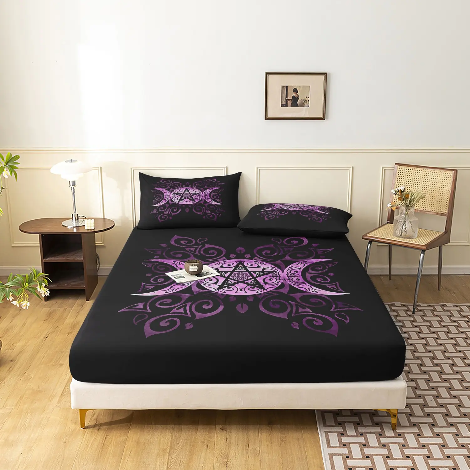 3pcs Triple Moon Pentagram Fitted Sheet Set, Mystic Purple Bohemia Bedding Bedsheet Bed Sheets (1 Fitted Sheet + 2 Pillowcases, No Pillow)Home Dormitory