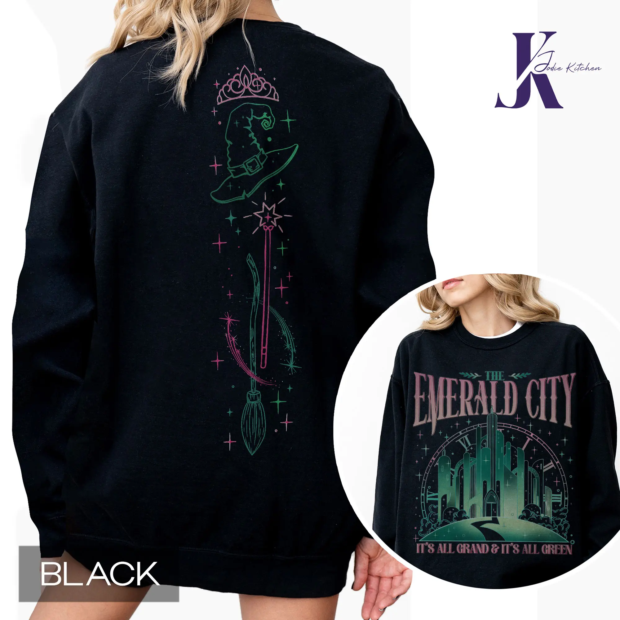 Wicked Change For Good Glitter Comfort Color Sweatshirt, Defy Gravity Broomstick Magic Wand Sweatshirt, Witch Pink And Green Sweats