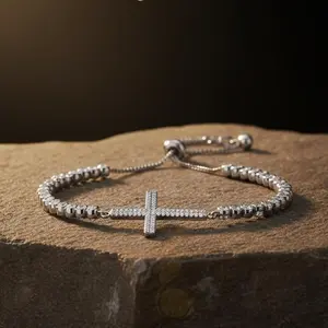 Diamondcelebritees White Sterling Silver Cross Shape Bracelet Cubic Zirconia Adjustable Size