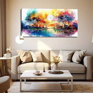 Colorful Lake & Forest Canvas Art - 20x40 / 24x48 Inches Framed Wall Decor, Suitable for Living Room, Bedroom, Office - Minimalist/Classic Style Wooden Frame, Decorative Painting, Landscape Theme, Art Decor Style, Classic Style, Minimalist Style, Summer,