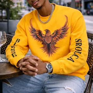 Yellow T-Shirt Heavy Cotton Long Sleeve Eagles Design Vibrant Hue Sturdy Comfortable Casual Wear