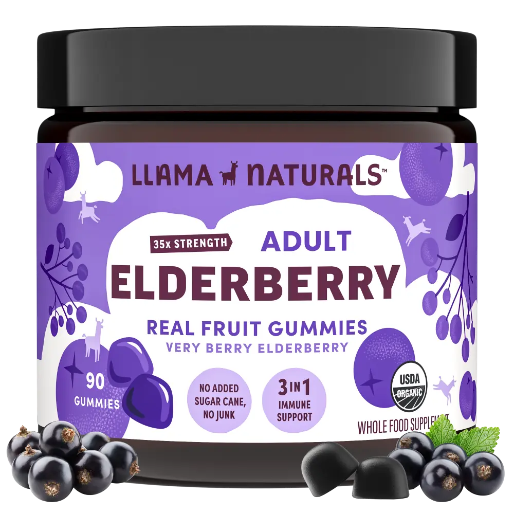 Llama Naturals Elderberry Gummies for Adults, Vegan, Organic Immune Support Supplement with Vitamin C and Zinc, Real Fruit Gummy Vitamins for Immunity, Chewable, No Added Sugar Cane, 90 Ct