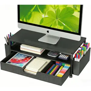 Desk Organizer and Accessories, 2-Tier   Stand Rise with Storage Drawer & 2 Pen Holders, Laptop & Printer Stand for Desktop, Workspace Organizers for Office Supplies (Black)