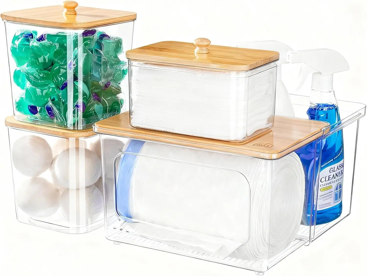 iCASA Trash Bag Dispenser Dishwasher Pod Holder - 5 in 1 Plastic Garbage Bag Under Sink Organizer, Acrylic Dryer Sheet Balls Laundry Pods Container with Bamboo Lid, Pantry Organizers and Storage Box