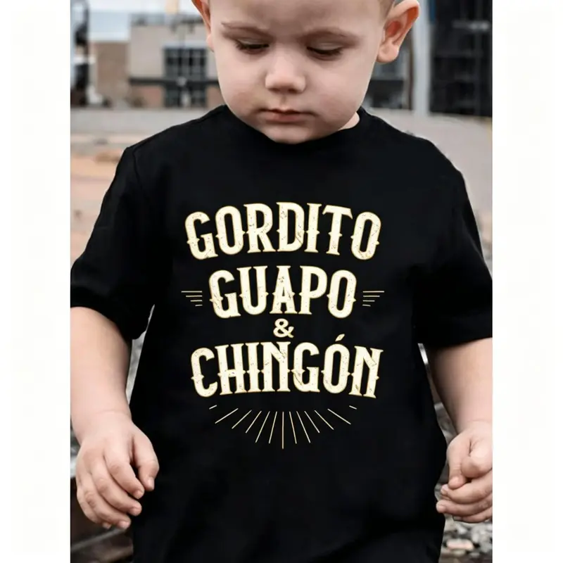 Boys' Mexican-Style Graphic T-Shirts - Cute Short Sleeve Tops, Adorable Slogan Striped Print, Round Neck, Soft Cotton Medium Stretch, All Seasons Casual Toddler Wear, Birthday Holiday Gift