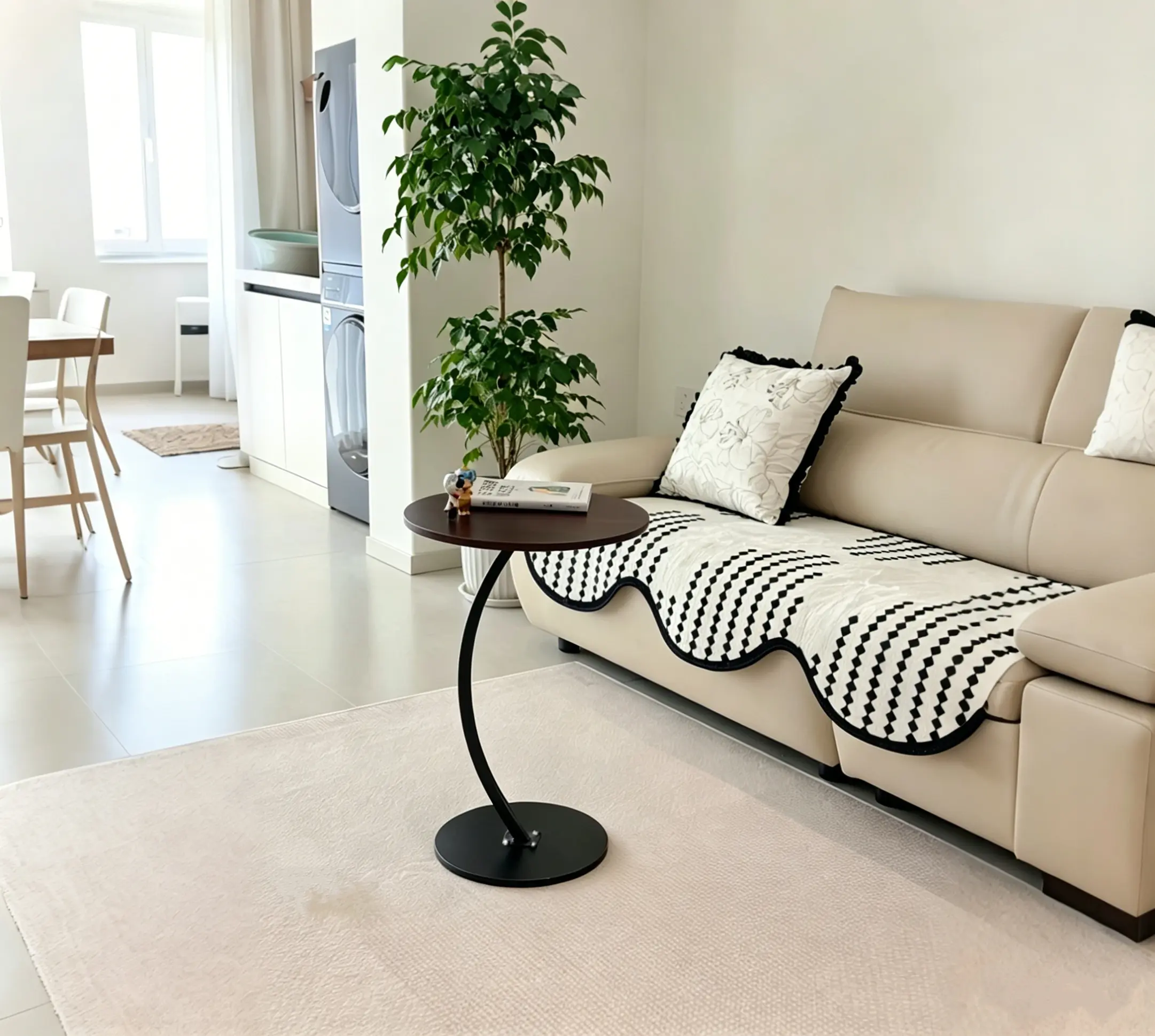 Round Wooden Side coffee Table with Curved Metal Stand, Accent Table for Patio/Garden