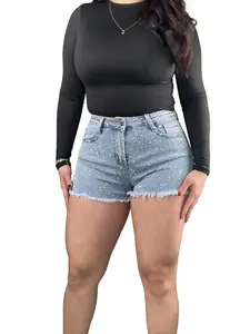 Nina's Rhinestone Denim Shorts - High-Waisted, Frayed Hem, Light Blue, Perfect for Summer Outfits