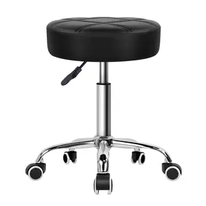 KKTONER Round Rolling Stool Chair PU Leather Height Adjustable Shop Stool Swivel Drafting Work SPA Medical Salon Stools with Wheels Office Chair Black