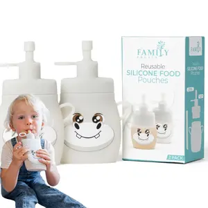 BPA Free, Silicone, Reusable Pouches for Toddlers 2 Pack Hippos, Easy to Clean Fill, Reusable Baby Food Pouches, Homemade Organic Smoothie, Puree, Applesauce, Yogurt, Reusable Squeeze Pouches for Kids