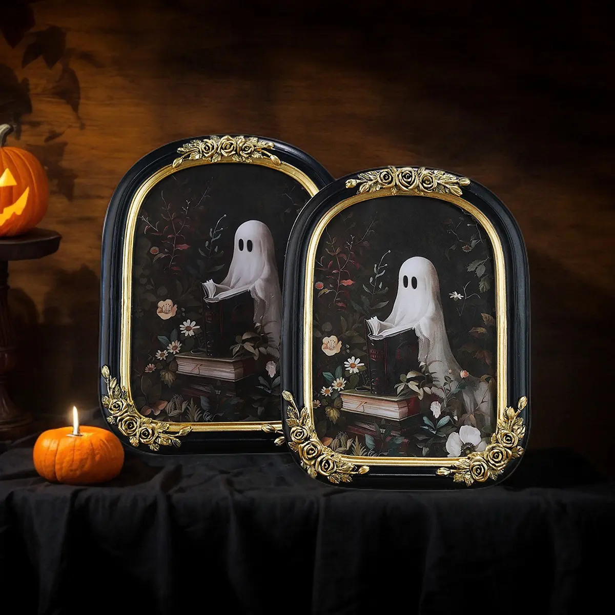 Halloween Resin Ghost Reading Rose Arch Photo Frame, Party Decoration Frame, Home Desktop Decoration, Bedroom Study Office Prop, 1 Piece