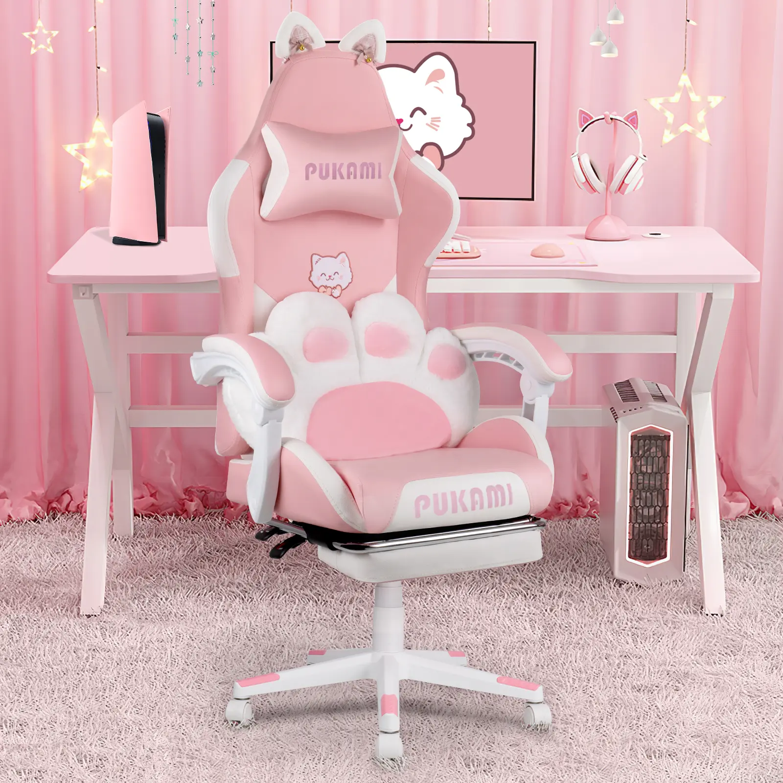 PUKAMI Pink Gaming Chair with Cute Cat Ears and Cat Paw Cushion Pillow,Ergonomic Gaming Chair for Teen with Footrest and Headrest Pillow,Pink Reclining Game Chair for Girl,dorm essentials,home decor