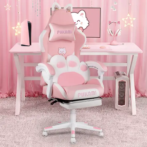 PUKAMI Pu Leather Cutecore Ergonomic Recliner Gaming Chair for Teens - Pink, Modern Cat Ear Design, Cat Paw Cushion, Footrest, Headrest Pillow, Linked Arms, High-Density Foam, Gaming Chair Fabric, 20min Selfbuild, 250 – 299 Lb Indoor Furniture