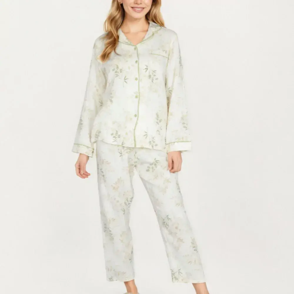 Anna-Kaci Lounge Women's 2-Piece Set Long Sleeve Button Front Top and Relaxed Fit Pants Pajama Set with Botanical Print - Small Light Beige, Aesthetic, Shirt