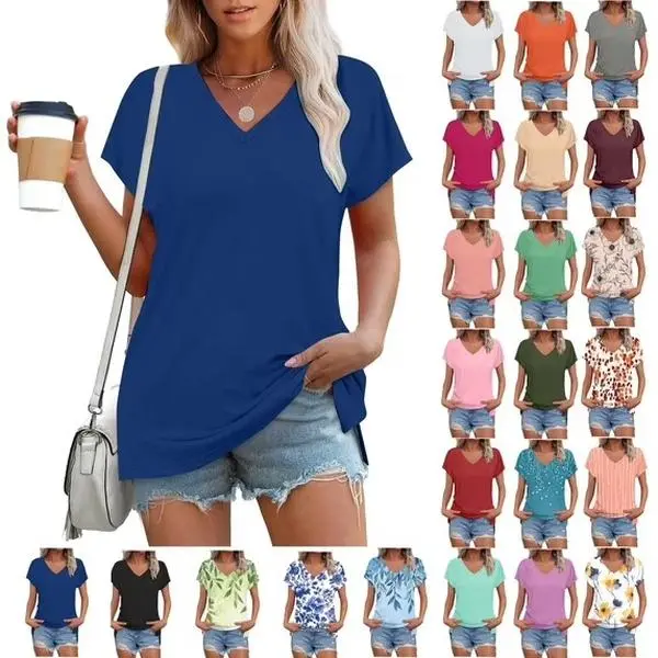 Women's V Neck Raglan Short Sleeve Loose Fit Solid Color Summer T-Shirt