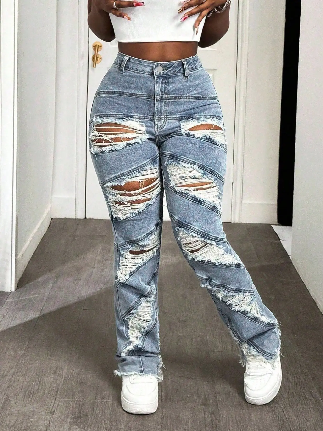 Women's New Fashion Vintage Denim Fitted Skinny Fit Casual Jeans, Distressed Skinny Jeans, Elastic Comfortable Trendy Streetwear Ripped Stretchy Design, Washed Craftsmanship Long Pants for Women Bottom Womenswear
