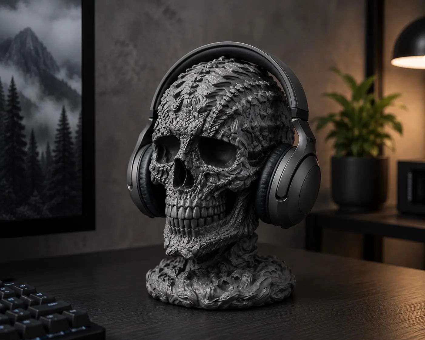 Skull Headphone Stand, Gaming Headset Holder, Desktop Headphone Organizer, Gothic Desk Accessory, 3D Printed Headphone Stand