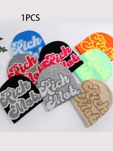 Rich Mob Graffiti Letter Knit Beanie, Y2K Streetwear Turn-Up Winter Hat, Unisex Hip Hop No-Brim Cap, Warm Casual Cold Weather Headgear, Hip Hop Vibe, Unisex Design