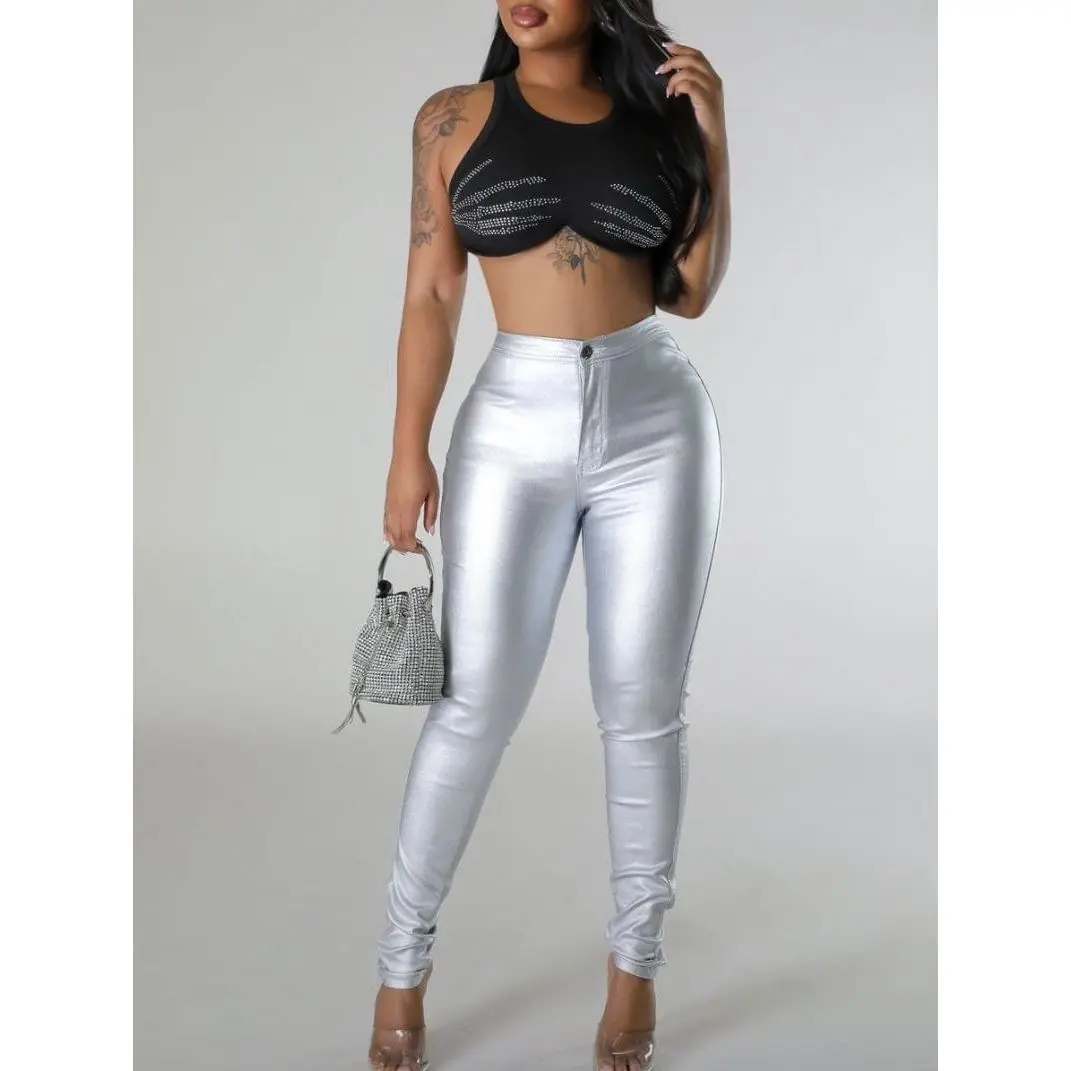 Silver Iridescent Pants high  rise  jeans curve  hugging  jeans