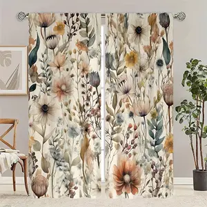 2 pieces, Bohemian retro art printed curtains, elegant wild plant flower design, pole pocket hanging, window treatment, polyester fiber, semi blackout enhanced privacy, suitable for bedroom, living room, kitchen, dining room, office home decoration.