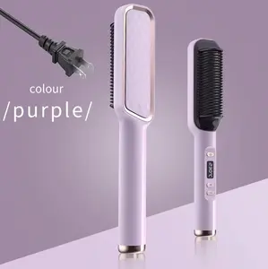 AngeRose Purple Negative Ionic Hair Straightener Brush with LCD Display Fast Heating & Temperature Adjustment for Women Men