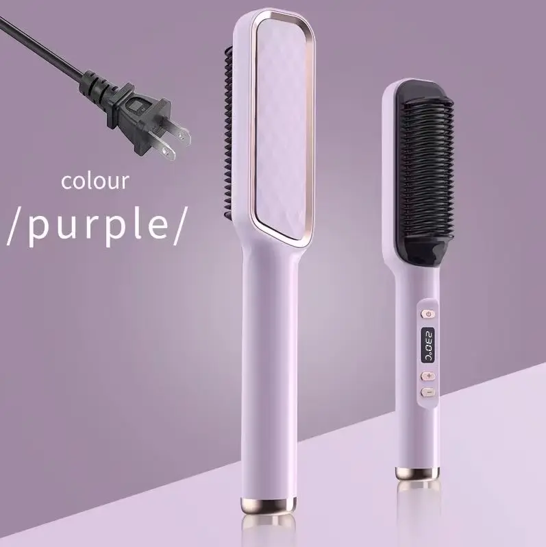 AngeRose Purple Negative Ionic Hair Straightener Brush with LCD Display Fast Heating & Temperature Adjustment for Women Men