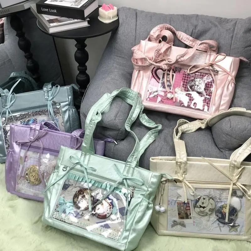 Transparent Japanese Itabags Girls PU Leather Y2k Pain Shoulder Bags Large Capacity Tote Bags Ribbon Bows Design Lolita Handbag
