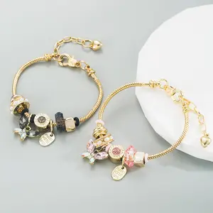 New Fashion DIY Stainless Steel Bangle Set for Women - Romantic Butterfly Crystal String Beads, Dora-Inspired Playful Charm Bracelet Accessories