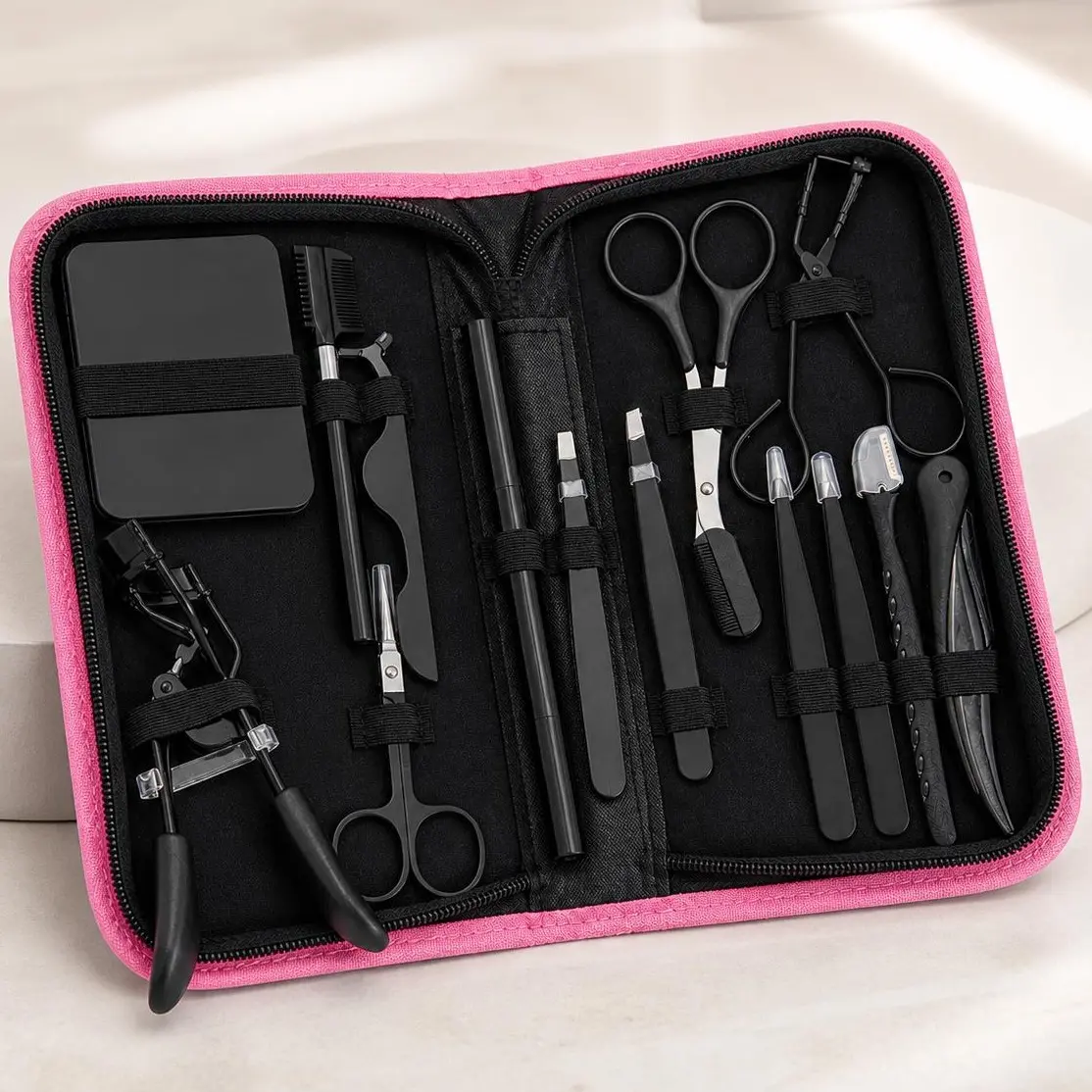 Eyebrow Styling Kit, 14-Piece Professional Makeup Tool Set for Brow Shaping with Tweezers, Scissors, Razor & Pink Travel Case, Cosmetic Tools, Daily, Included Tweezer, Brush, Elastic, Compact, Adults