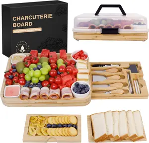 Charcuterie Board with Lid - Bamboo Cheese Tray Set, Portable Travel Charcuterie Board, Gifts for Housewarming, Weddings & Women
