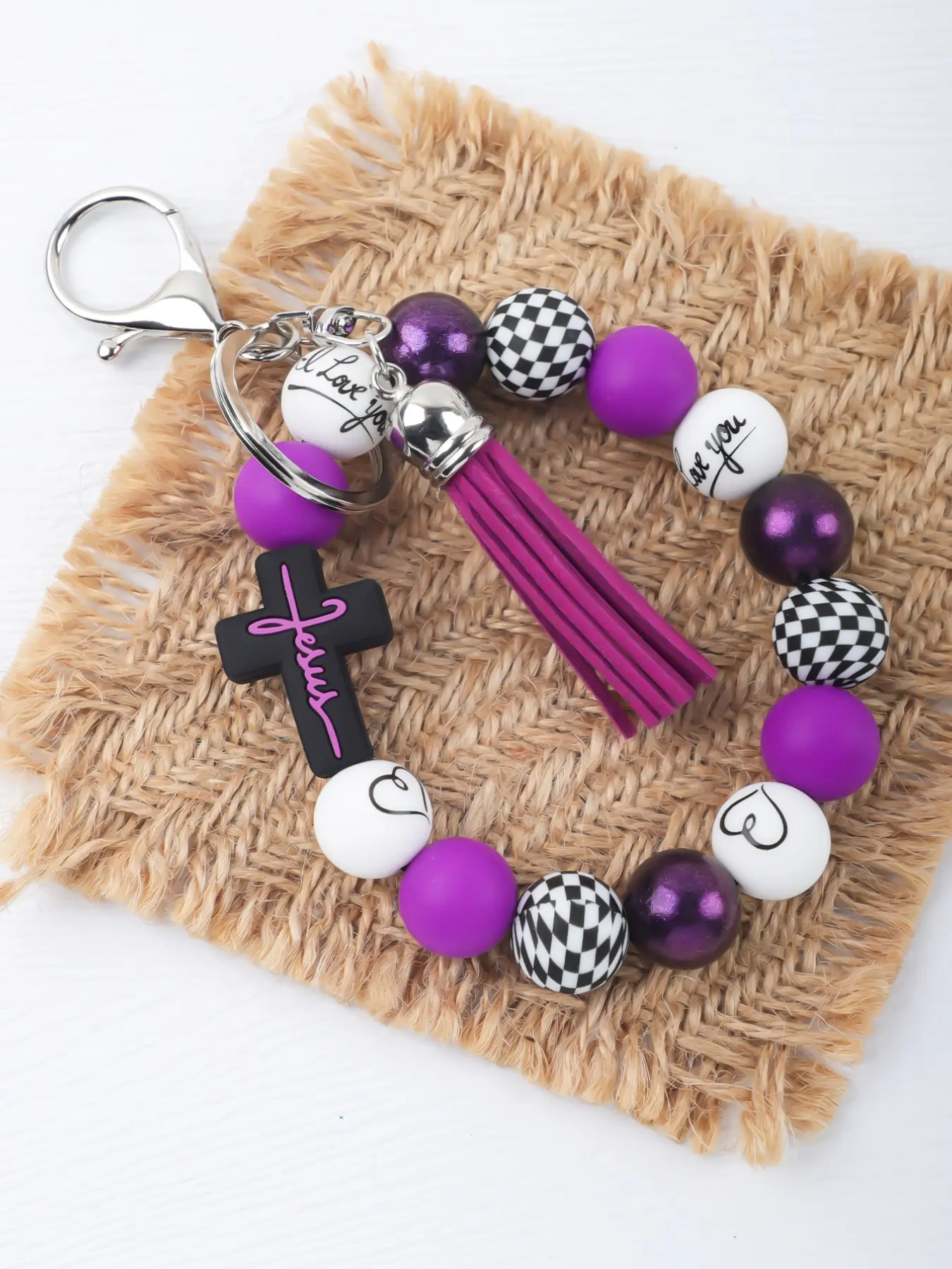 Jesus Cross Beaded Wristlet Keychain, Silicone Bead Tassel Keyring, Stylish Keychain, Tassel Decorated Keychain, Christian Faith Gift Bag Charm, Keychain For Bags, Religious Jewelry Accessory, Keychain Wristlet Strap