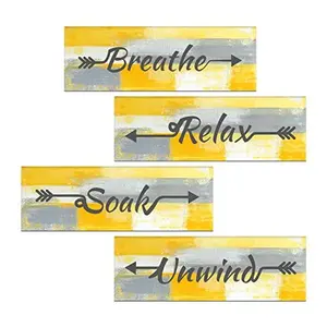 4 Pieces Yellow Abstract Bathroom Wall Art, Relax Soak Unwind Breathe Bathroom Signs Decor, Wood Hanging Bathroom Wall Art for Bathroom Spa Room (12 x 4 Inch)
