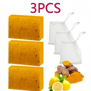 3PCS Lemon Turmeric Soap,Turmeric Soap Bar for Face and Body,Lemon Turmeri c Soa p infused with turmeric Extract, Soft, gentle and effective