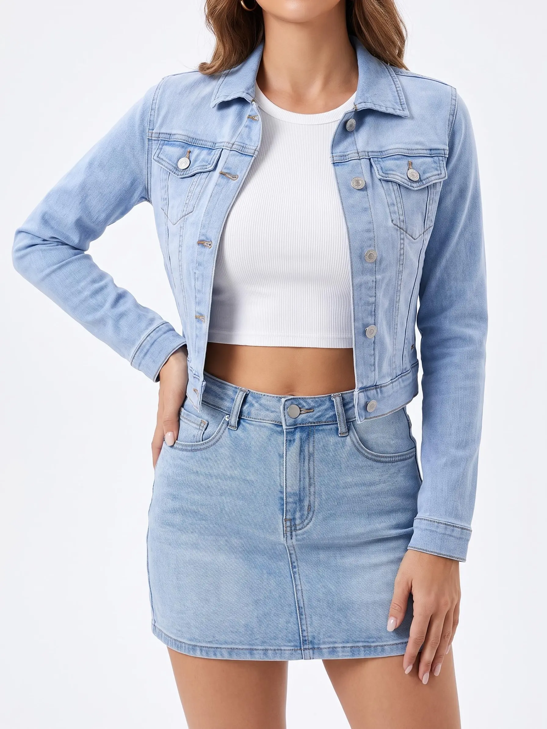 Luvamia Cropped Jean Jackets for Women Fashion Short Denim Shacket Jacket Lightweight Fitted Stretchy with Pockets Casual Long Sleeve Outerwear,clothes for back to school,first day of school outfits
