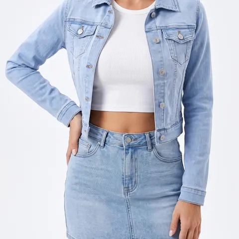 luvamia Women's Fashion Basic Cropped Denim Jacket - Stretchy Fitted Long Sleeve Lightweight Outerwear with Pockets, Women's Tops & Coats for Cruise Casual Wear