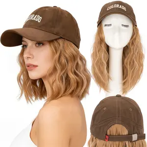 8 inch Brown Hat Wigs Bob Hair With Baseball Cap Synthetic Short Wave Curly Hair Extensions As Human Hair Black White Red Hat Wigs For Women