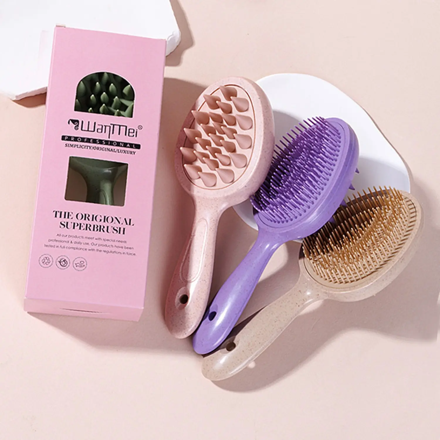 Dual-Sided Scalp Massage Hair Brush, Wheat Straw Shampoo Brush with Soft Silicone Scalp Scrubber and Detangling Comb, Detangling Hairbrush, Wet & Dry Hair Care Tool for Home Use