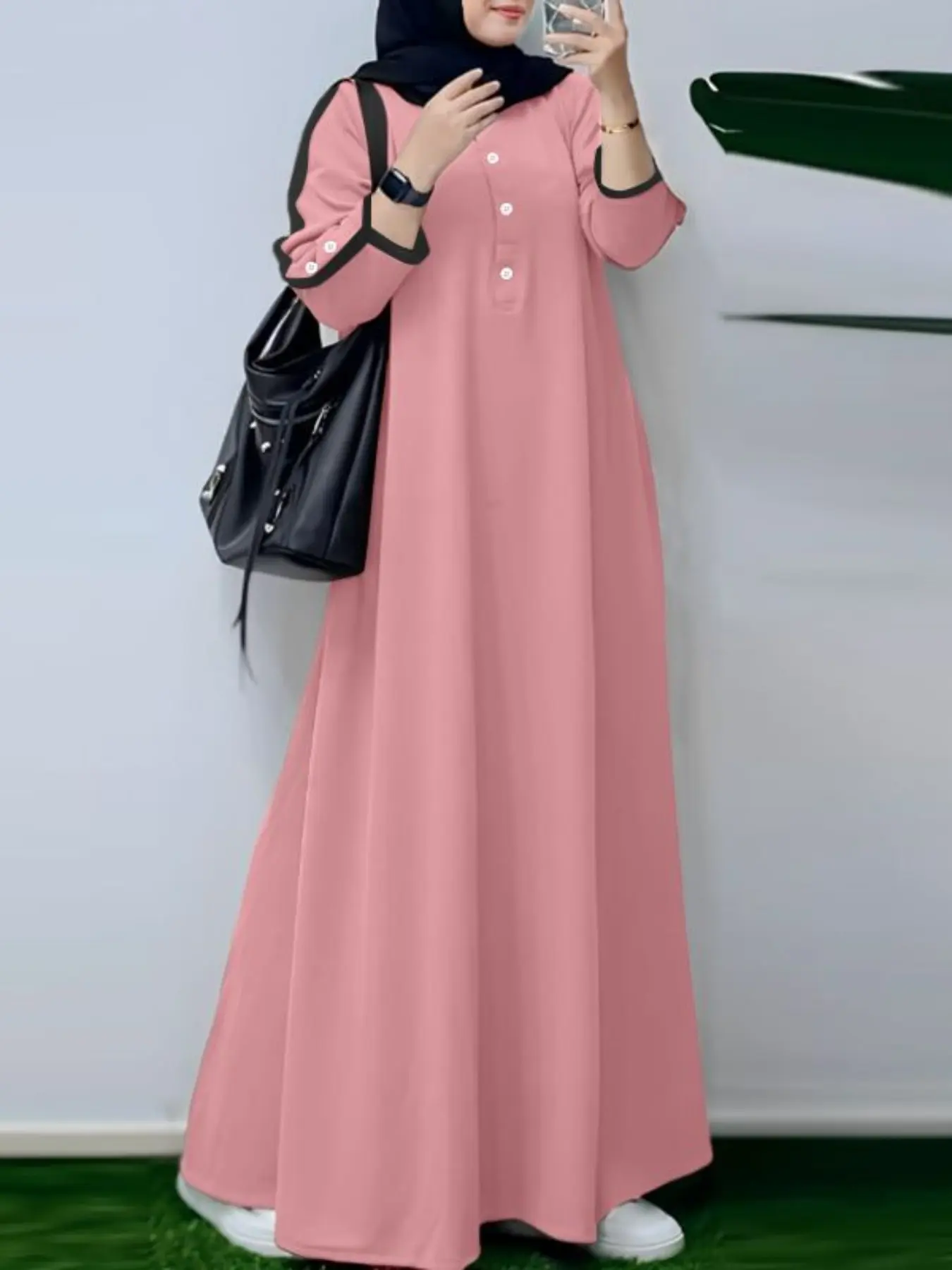 Women's Casual Solid Color Dress, Round Neck Long Sleeve Contrast Binding Half Button Design, Fitted Plain Style for All Seasons, For Muslim, Modest Islamic Clothing, modesty muslim clothing, Modest Muslim Outfits, Modest Style Dress, Hijabi Cute Dresses