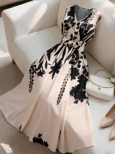 Women's Fashion Casual Sleeveless Floral Print Dress, Waist-Cropped Flare Skirt, Summer Vacation, Office, Beach, Graduation Party